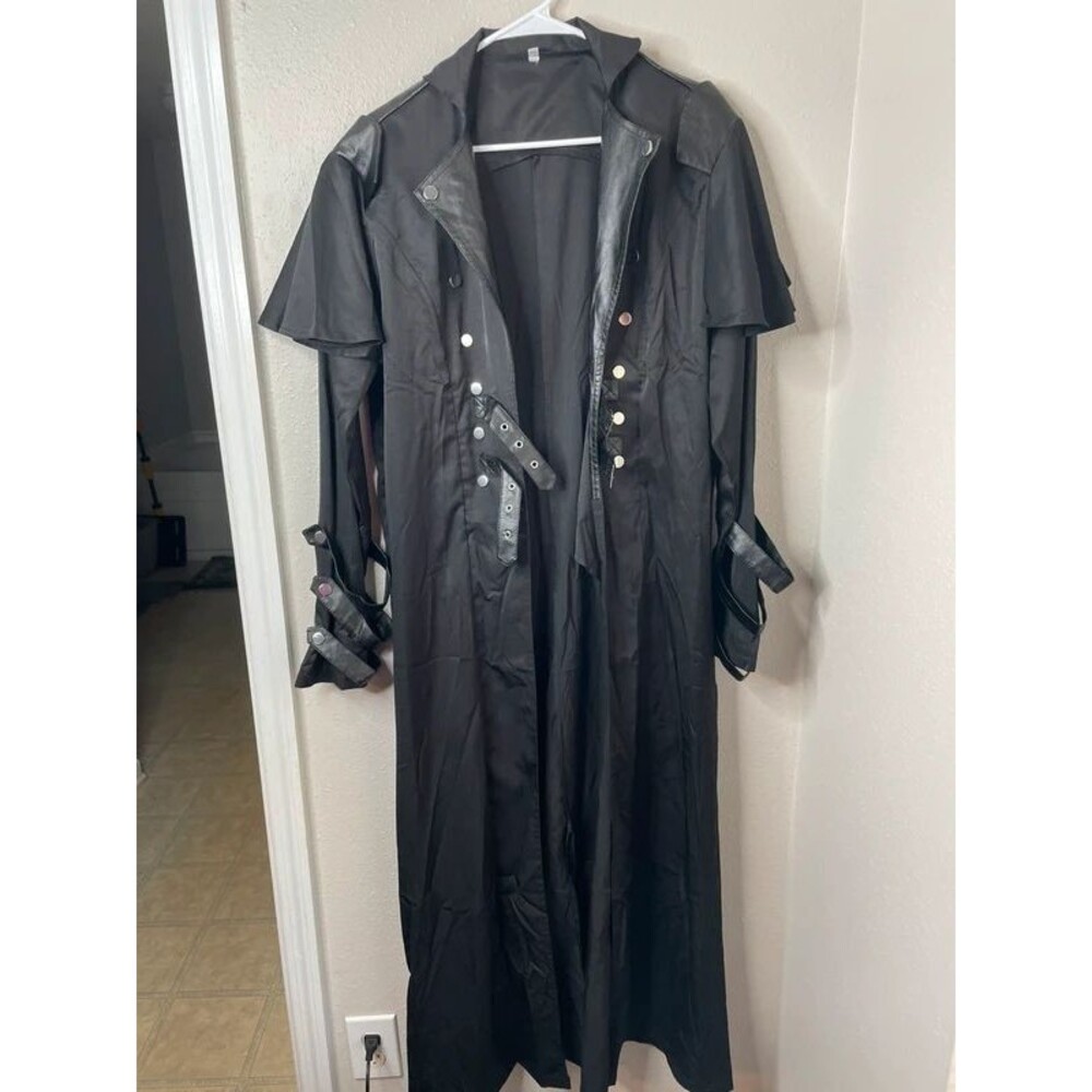 Black Gothic Trench Coat Faux Leather Buckle Strap Cyberpunk Steampunk Duster